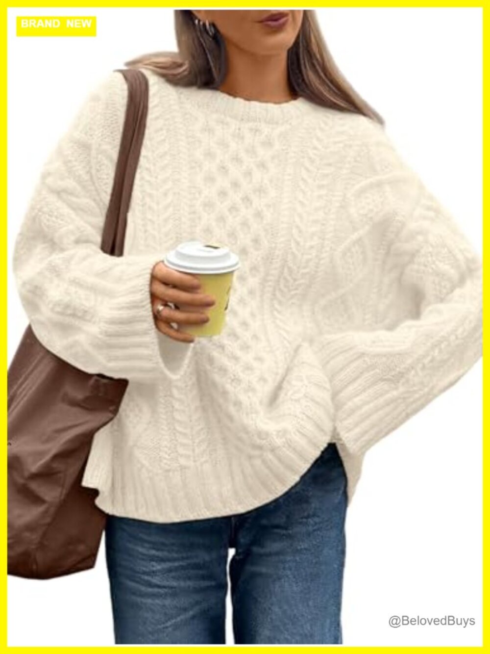 Oversized Cable Knit Pullover Sweater Crew Neck Long Sleeve Fall Winter